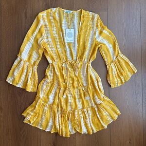 Blue Island Yellow & White Tie-Dye Ruffled Swim Coverup